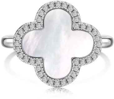 Lllunimon Vier Blatt Klee Ringe Für Frauen • Mutter Der Perle Weiß/Onyx Schwarz Lucky Clover Ringe • Schmuck Geschenke Für Freundin 925 Sterling Silber Ringe,Weiß,Size6