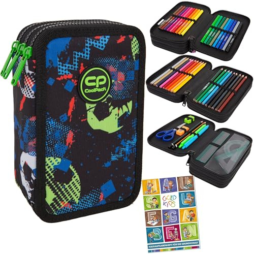 Goldkids - Federmäppchen 3 Fächer - Mäppchen für Jungen - Federmappe 3-Fach Federtasche Gefüllte Schüleretui Schulmäppchen und Hausaufgabenheft - Fußball Motiv