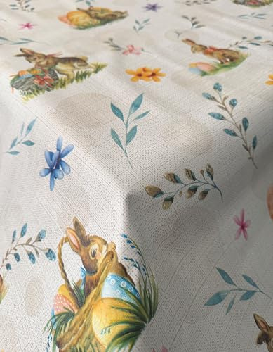 PVC Tischdecke Bunny Ostern bunt Osterhase beige Leinen Meterware Wachstuch Eckig Breite & Länge wählbar abwaschbar, Größe:140 x 100 cm