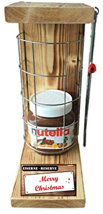 Geschenkideen Weihnachten lustig für Männer Frauen Geschenkidee Nutella 450 g Glas Eiserne Reserve Gitter incl. Notsäge Text rot Merry Christmas