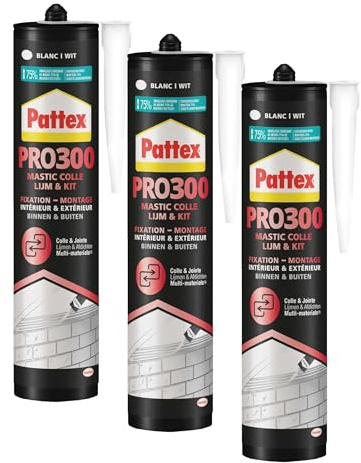 PATTEX Colle Fixation PRO300, mastic de fixation polymère haute résistance, intérieur et extérieur, colle et jointe, coloris blanc, cartouche 410 g (Lot de 3)