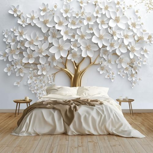 Moda Art Papel Tapiz Árbol Dorado Floral Blanco 3D Arte Mural de Papel Pintado 250x175 cm Fotomural Decoración de Papel Tapiz Fondo de Pared de Tv de Fotografía, Blanco