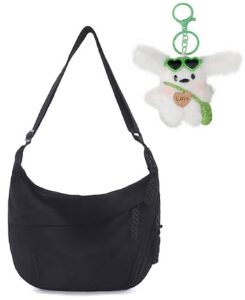 Borsa a tracolla in nylon a mezza luna, grande borsa a tracolla in nylon, colore nero, borsa a tracolla casual, alla moda, con ciondolo decorativo per tutti i giorni e il lavoro