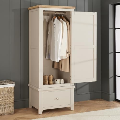 Cheshire Dove Grey Single Door Wardrobe with Drawer | Compact Shaker Style Bedroom Storage | Whitewash Oak Top Frame | Hanging Rail & Drawer | Dual Handle Options | H 1910mm x W 725mm x D 555mm
