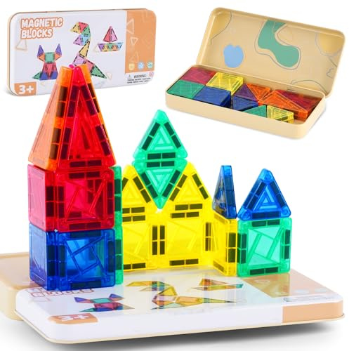 AOOSA Mini Costruzioni Magnetiche per Bambini, 26 pezzi Blocchi Magnetici da Viaggio Con scatola di latta, Giocattoli magnetici viaggio, Giocattoli Educativo, Regalo per Ragazzi Ragazze 3+ anni