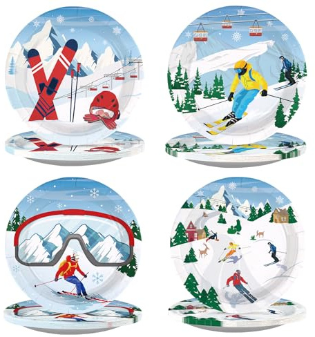 60 Pcs Skiing Paper Plates 9 Disposable Heavy Duty Ski Birthday Party Plates Winter Sports Ski Snow Dinner Tableware Set for Skier Winter Skiing Christmas Baby Shower Party Decorations Supplies
