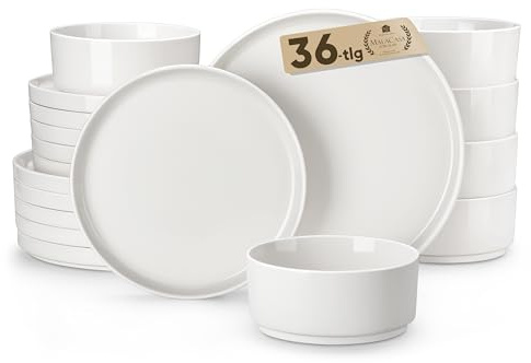 MALACASA Leah Modern Crockery Set for 12 People, 36-Piece Dinner Service with Standing Rim Made of Porcelain Including 12x Dinner Plates, Dessert Plates, Soup Bowls, Modern White Bowl and Plate Set