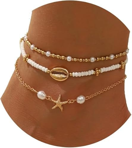 SHOFUL Muschel Fußkettchen für Damen, Seestern Armbänder, mehrlagig, Boho, Puka Muschel, Fußkettchen, Kaurimuschel, Armbänder, hawaiianischer Sommer, Strand, Fußkette, Schmuck
