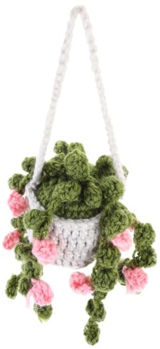 VOSAREA Crochet Hanging Plant Basket Car Ornament White Basket and Pink Flowers Handmade Car Interior Decor for Rearview Mirror