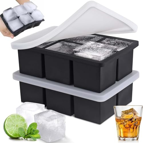 Large Ice Cube Moulds with Lid (2 Pack) - 5cm/2 Square Silicone Ice Cube Trays, BPA Free & Easy Release, Ice Maker Tray for Freezer Whiskey Cocktail Coffee(Black)