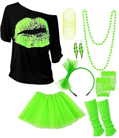 Faschingskostüme 80er Jahre Outfit Damen, Neon Party Outfit, Inklusive T-Shirt, Stirnband, BeinwäRmer, Armband, Haarband, Halskette, Armband, Brille Und Ohrringe 80Er Jahre Aerobic Outfit
