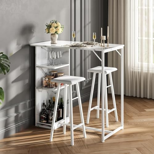 Table de bar Marbre avec Tabourets 2 personnes,Ensemble Table de cuisine Bois et 2 chaises Rembourré,3 étagères,Cadre métallique,Ensemble Table à Mange Cuisine Scandinave pour pour Appartement,Cuisine