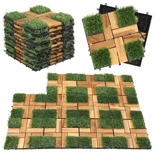 Holzfliesen Akazie mit Kunstrasen, Holzfliesen Balkon 30x30 cm, Terrassenfliesen mit Klicksystem,Wetterfest Terassenplatten Außenbereich für Balkonboden, Terrasse, Garten, 11 Stück/1 m²