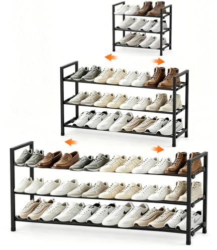 Anhow Ausziehbares Schuhregal Schmal, 3 Ebenen Adjustable Metall Schuhaufbewahrung 44 to 109 cm, Freistehendes Schuhregal Platzsparend für Kleiderschrank, Schlafzimmer, Flur, Eingangsbereich