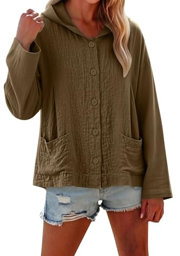 Chaqueta de algodón y lino con capucha para mujer, blusa de manga larga con bolsillos, casual, ajuste holgado, ligera, para verano