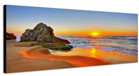 Augenblicke Wandbilder Keilrahmenbild Wandbild 150x50cm Strand Meer Sonnenaufgang Fels
