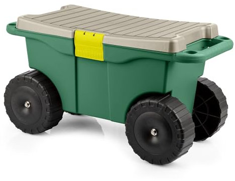 Pure Garden Rollbarer Gartenwagen mit Sitz, Kunststoff-Aufbewahrung mit Bank und Werkzeugablage im Inneren, Gartenhocker zum Jäten und Pflanzen (grün)