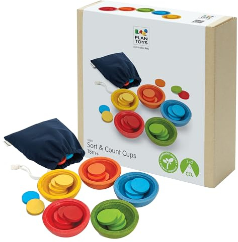 PlanToys Tazas para Clasificar y Contar - Juguete de Madera Montessori - 5 Tazas de Colores y 25 Fichas de Madera - Juguete de Motricidad