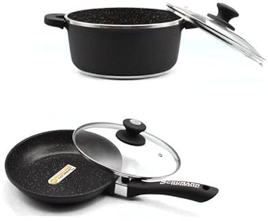 Schumann Professionnel - Lot de Poêle et Faitout 24cm - Compatibles Tous feux dont Induction - Fonte d'Aluminium Sans PFOA - Manches Amovibles et Poignées en Silicone - Couvercles Inclus