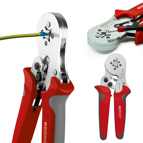 ERKO Universal-Crimpzange T_10 für isolierte (Typ TE, TV) und nicht isolierte (TE und TV) Aderendhülsen für Leiter von 0,5 ÷ 10 mm2, aus Edelstahl, rot, Länge: 180 mm, Gewicht: 0,42 kg