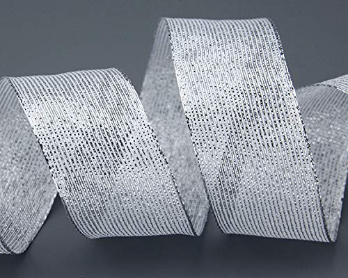 20 m x 40 mm dekorativt band metalliska ränder vit silver lurex ränder presentband med trådbundna kanter glansigt julband