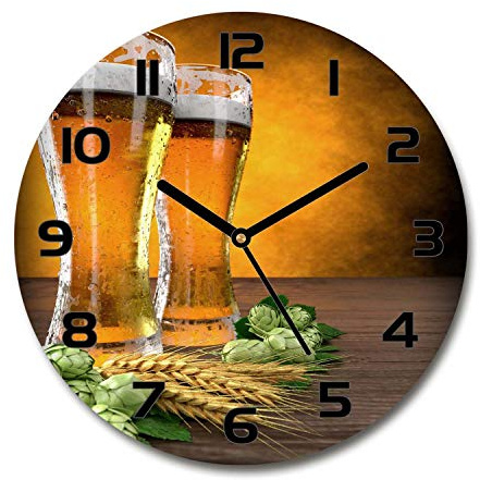 Tulup Horloge en Verre Rond 30cm - Silencieuse sur Pied Salon Design La Mur Impression Verre Sécurité - Aiguilles d'horloge Noires - Deux Verres de bière