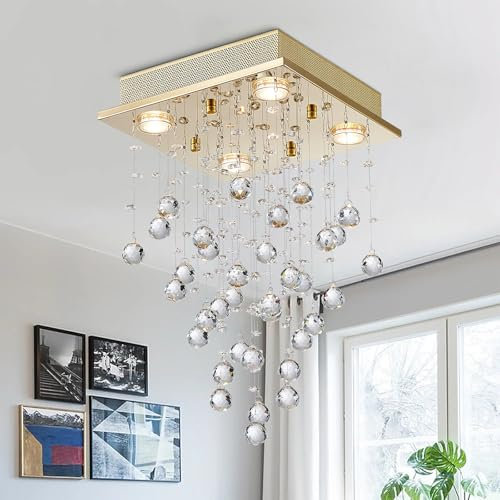 BESTIER Gold Cristal Moderno Cristal Cuadrado Lámpara de Araña Iluminación Empotrada LED Lámpara Colgante para Comedor Baño Dormitorio Sala de estar 30cm de ancho 50cm de alto