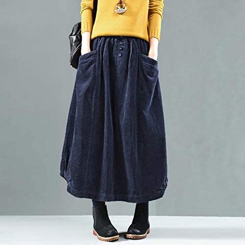 Chyuan Kilt Ecossais Jupe Automne Hiver Jupe en Velours Côtelé Femmes Vintage Jupes Longues Femme Taille Élastique A-Ligne Jupe Plissée Grande Taille Taille Unique Marron
