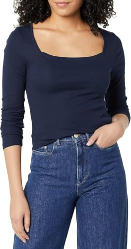 Amazon Essentials Dam Slim-Fit långärmad t-shirt med fyrkantig hals, marinblå, Medium