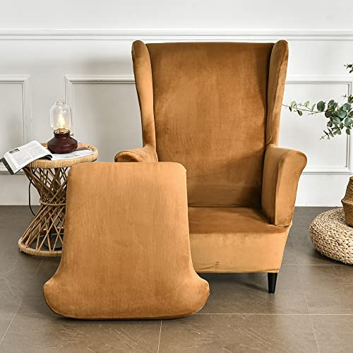 Velvet Wingback Chair Slipcover, 2 Piece Stretch Wing Chair Slipcover Covers with T-Cushion Cover Printed Wing Back Armchair Furniture Protector Cover Washable (Khaki)