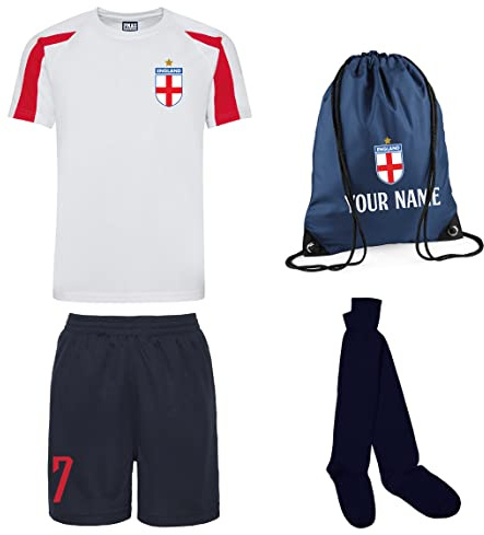 Personalised England Style Kit White/Red Football Shirt, Navy Shorts, Bag and Socks for Boys and Girls Best Birthday Gift for Children Kids Playwear (9-11 Years)
