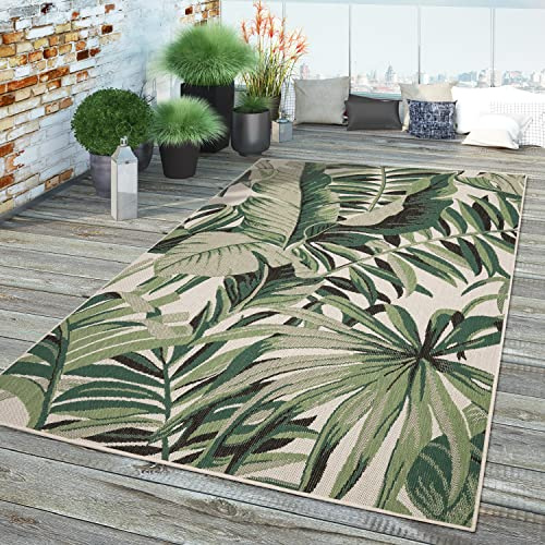 TT Home In-& Outdoor Teppich Wetterfest Balkon Küche Wohnzimmer Palmen Muster Modern, Farbe: Grün Beige, Größe:100x200 cm