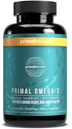 Primal Harvest Omega 3 Fish Oil Supplements, 30 Servings Soft Gels Capsules w/ 1000mg EPA + DHA Supplements, No Fishy Burps Non-GMO Omega 3 Fatty Acid