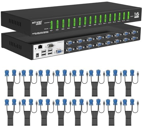 MT-VIKI 4K60HZ IP KVM Switch Remote VGA 16 Port 1U Rackmount KVM VGA Switch Over IP 16 Port Remote USB VGA KVM Switch IR Remote Control Desktop Selector with 16 Pack Cables OSD
