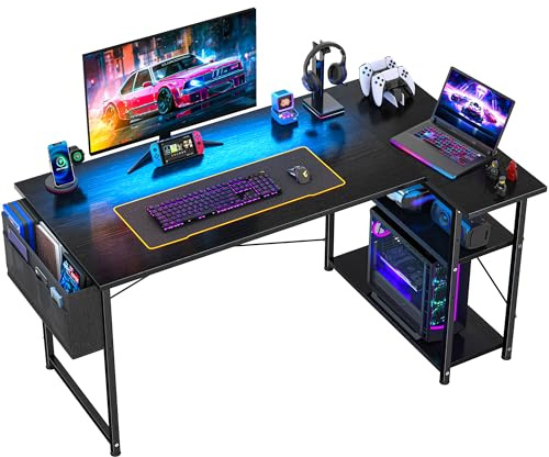 L Shaped Gaming Desk with Shelf Reversible and Storage Bag, Black 120×70cm | Corner Computer Table, Ergonomic Gamer Workstation & Home Office Study Desk, Large Desktop