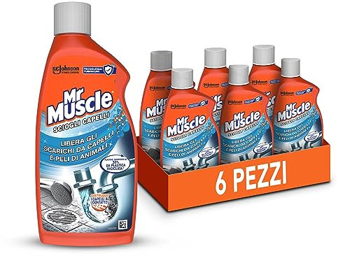 Mr Muscle Sciogli Capelli, Stura Lavandini e Scarichi, Disgorgante, Forte per Capelli e Peli di Animali, Sicuro per i Tubi - Formato scorta da 6 pezzi da 500ml