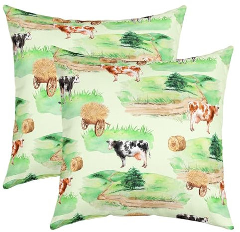 richhome Cartoon Farm Thema Kissenbezug, Farm Tiere Kuh Aquarell Reversible Print Pack Von 2 Kissenbezug, Rustikale Bauernhaus Cart Couch 45x45