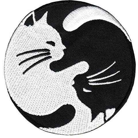 Yin Yang Zeichen Katze Aufnäher zum aufbügeln oder aufnähen Bügelbild Aufbügler für Kleidung gestickter Bügelpatch Applikation Patch Größe 8,0 x 8,0 cm
