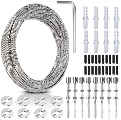 Aopunly Edelstahl ranksystem|Rankhilfe aus Edelstahl für Kletterpflanzen, Rankhilfe Edelstahl Mit Spannschloss, Profi-System als Komplettset mit Wandhaltern und 3mm Stahlseil (8Halter, 12m Seil)