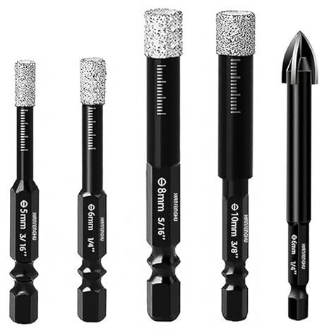 Diamond Core Drill Bits Set 3/16-3/8 Tile Hole Saws Vacuum Brazed with Hex Shank for Ceramic Porcelain Tiles Marble Granite Quartz Stone. 5 PCS