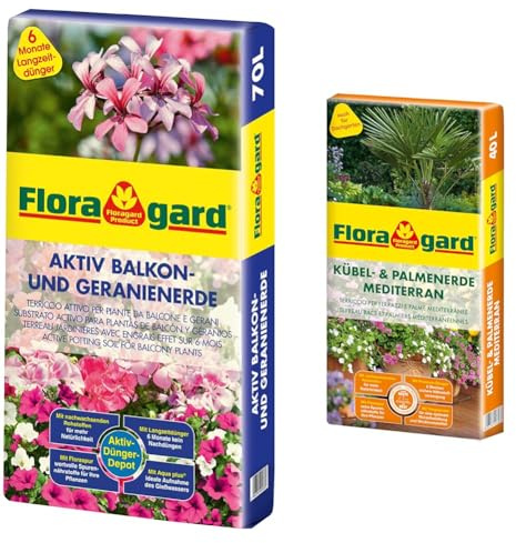Floragard Aktiv Balkon und Geranienerde 70 Liter & Kübelpflanzenerde mediterran 40 L - Spezialerde für große Kübel, Zitruspflanzen, Oleander, Oliven - auch für Dachgärten