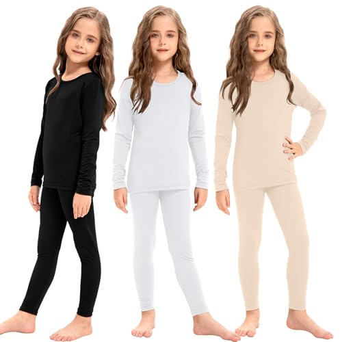 Silkfly 3 Set Girls Thermal Underwear Soft Winter Thermal Top and Bottom with Fleece Lined Base Layer for Girls(XL,Black, White, Nude,3 Set)