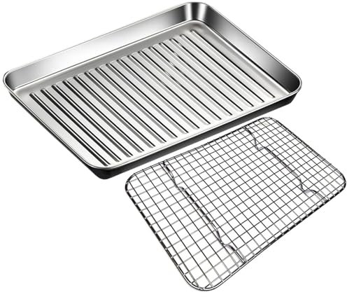 LIGUOYI Teglia da Forno Rettangolare Vassoio Antiaderente Teglie da Forno in Acciaio Inox, Teglia da Forno per Arrostire con Griglia 24 27 32 41 44cm Teglia per Grasso Facile da Pulire(410x310mm)