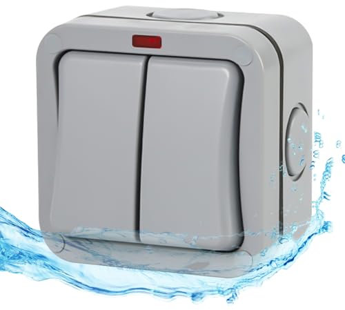 WIYETY Interruttore della Luce Resistente alle Intemperie IP66, 2 Vie 20A - Universale Antipolvere, Presa Doppia per Esterno, Giardino, Bagno, Officina, Balcone (Grigio)