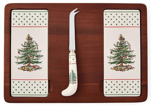 Spode Christmas Tree Cheese Board & Knife Set, Polka Dot - Holiday Entertaining, Charcuterie & Cracker Tray, Seasonal Serveware - Christmas Table Setting & Cheese Presentation