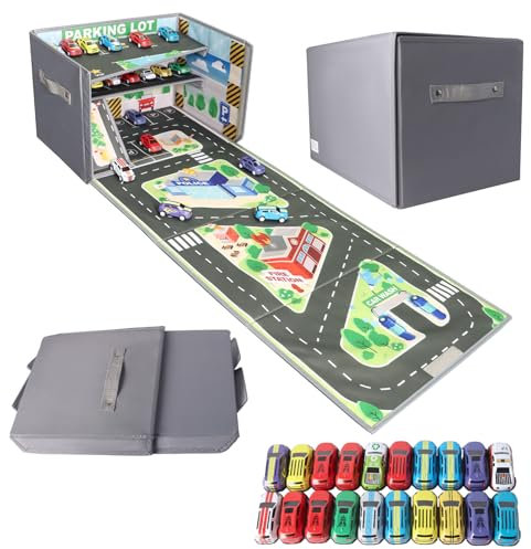 LPQKCcY Toy Car Storage, Car Play Mat with 20 Cars, Kids Storage Boxes with Handles, 3-In-1 Foldable Toy Car Mat, Toy Storage Box for Boys Girls, Storage for 200+ Cars