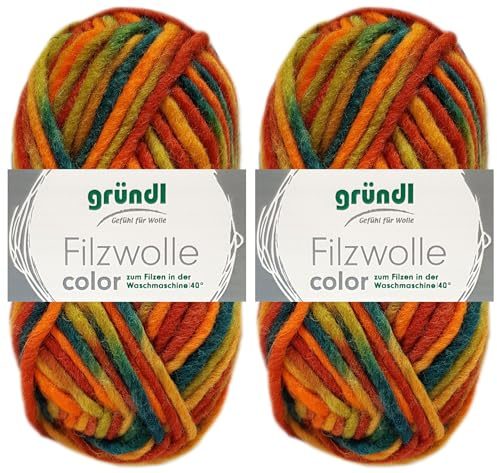 2x50 Gramm Gründl Filzwolle Color aus 100% reiner Schurwolle inkl. Anleitung für Topflappen (36 Blaugrün Rot Ocker Rotorange Multicolor)