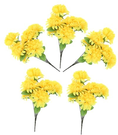 Cabilock 5pcs Faux Yellow Marigold Flowers Bouquet Artificial Chrysanthemum Grave Decorations Silk Floral Arrangement for Cemetery Memorial Outdoor