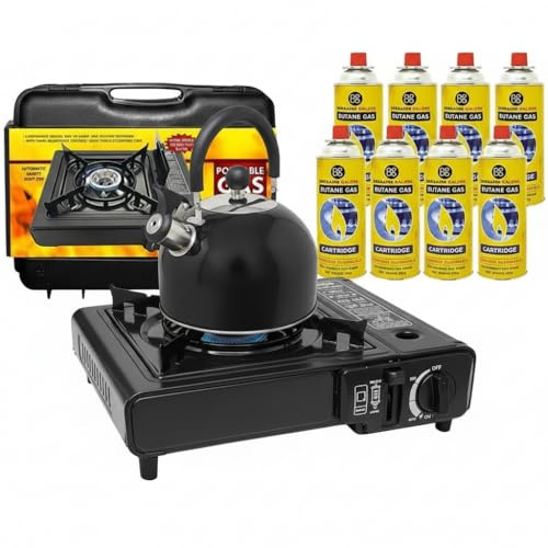3 in 1 Camping Starter Kit - Includes Gas Stove, 8 Gas Bottles & 2.5L Kettle | Premium Burner, Automatic Ignition & Heat Control | Suitable for Fishing, Camping & Hiking | Lightweight, Essentials