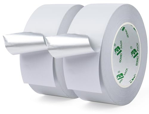 BOMEI PACK 2 Rolls White Aluminum Foil Tape 50 mm x 50 m Heat Resistant High Temperature Foil Tape 2 inch Pipes Repairing Insulating Heating Ventilation HVAC Ducts Fixing